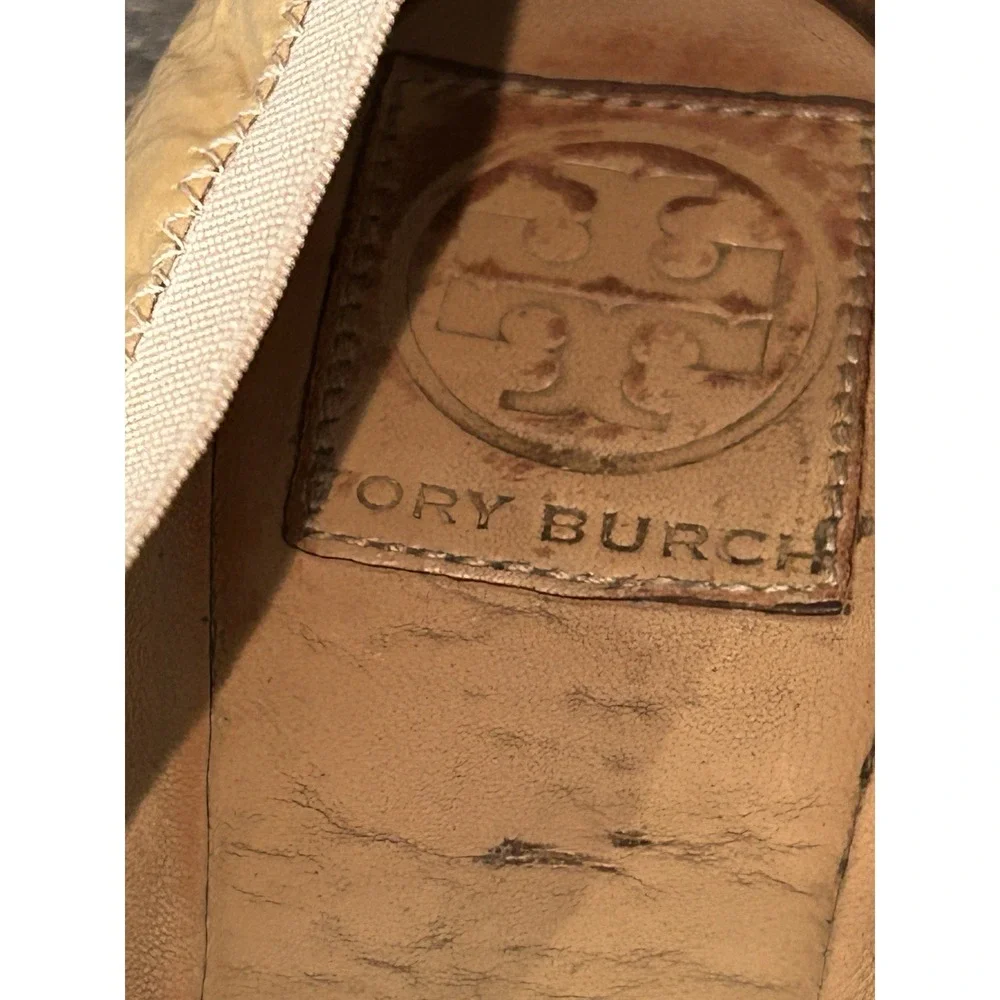 Tory Burch luxury Caroline beige patent leather gold Reva Logo Ballet‎ Flats 10M